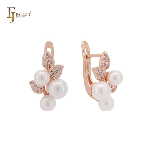 Brincos de pressão com pérolas triplas e folhas em ouro 14K, ouro rosa e dois tons