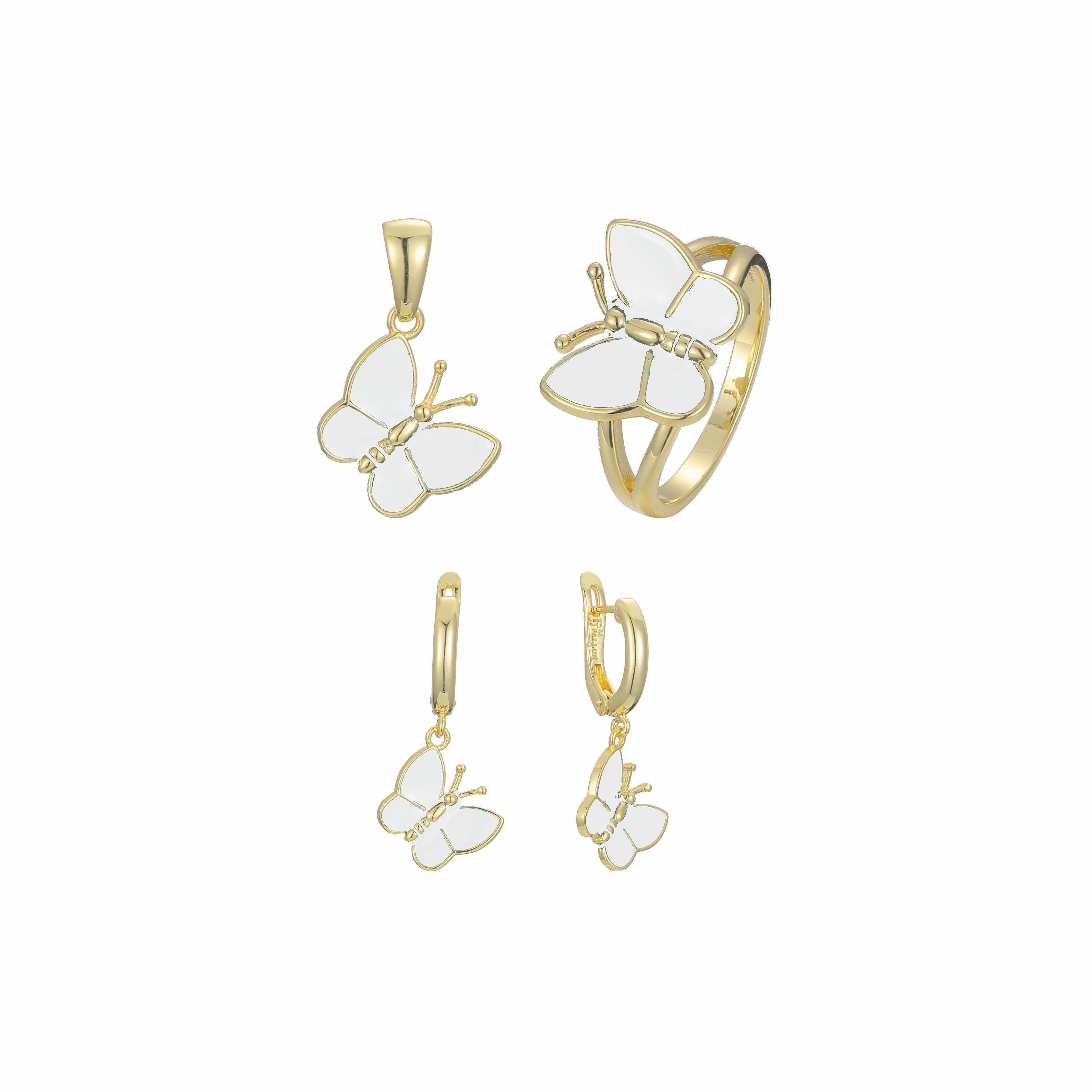 Conjunto de bisutería con dije y anillos de mariposa enchapados en oro de 14K