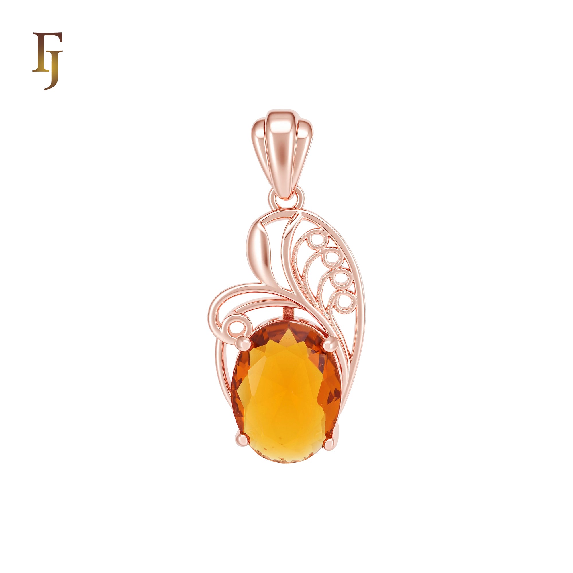 Filigree of Oval Orange Stone Rose Gold Solitaire Pendant