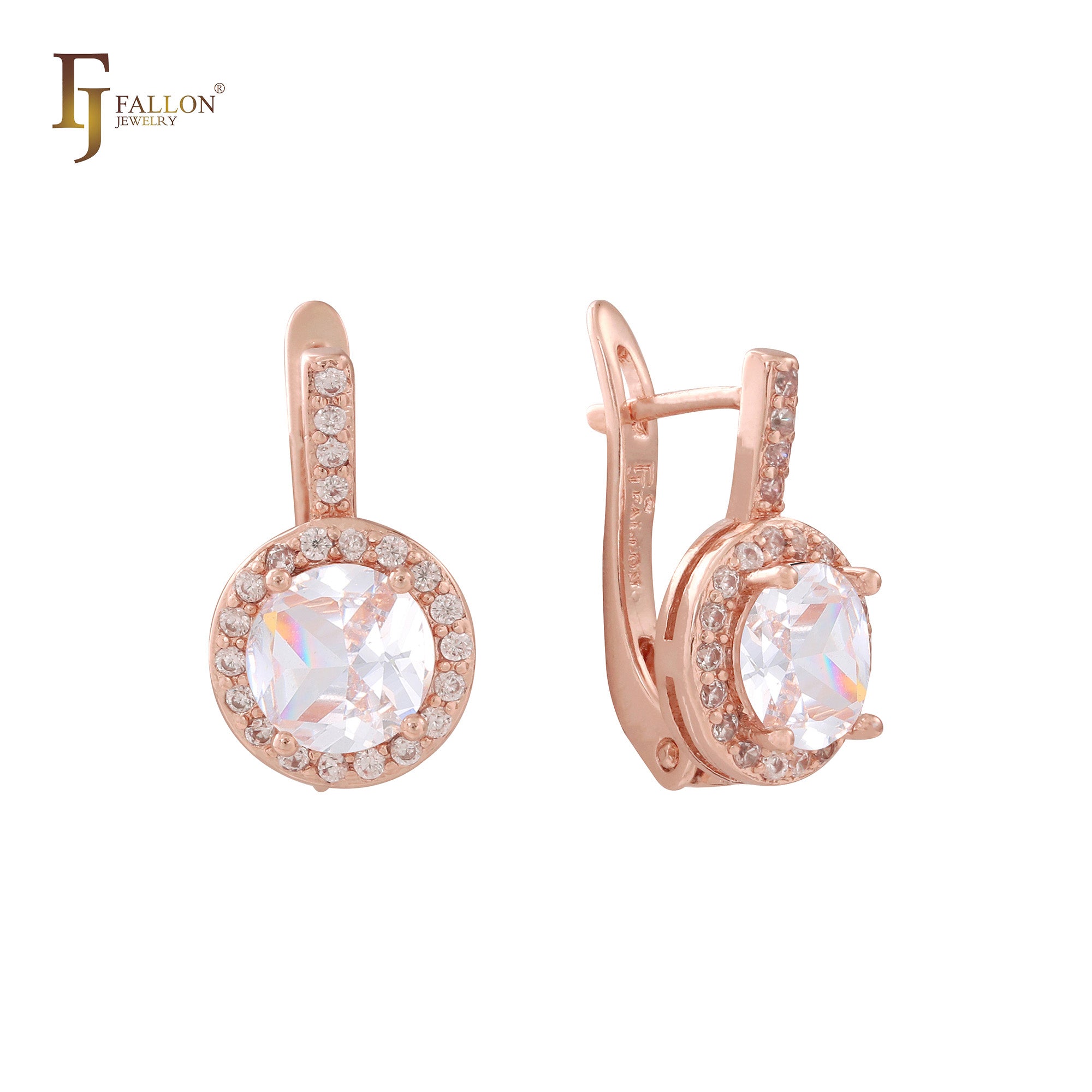 Brincos Halo arredondados com zircônias cúbicas brancas pavê, ouro 14K, ouro rosa, dois tons
