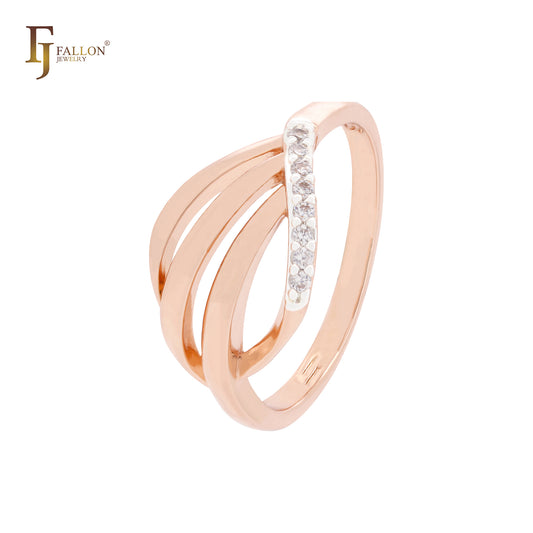 Anillos de moda en oro rosa de dos tonos con circonitas blancas geométricas de tres ramas