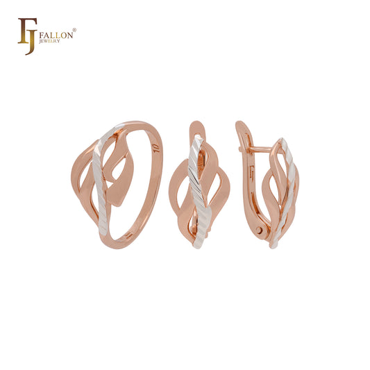 Conjunto de joyas bicolor con anillos en oro rosa y llamas geométricas