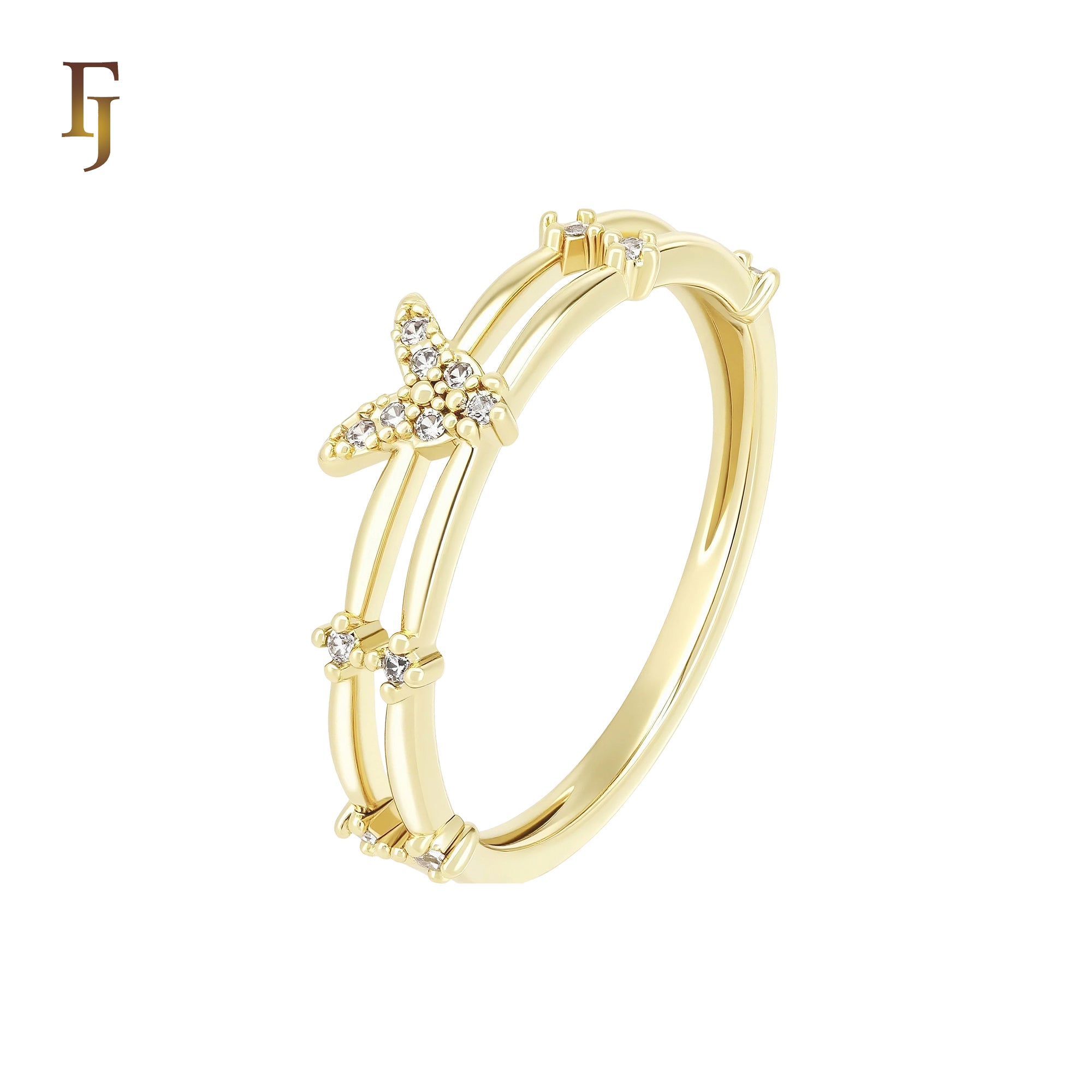 Double Band butterfly of white CZs 14K Gold Fashion Rings