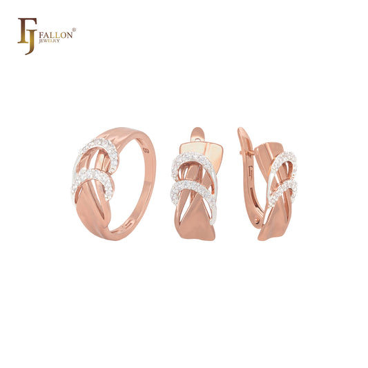 Conjunto de joyas de oro rosa con circonitas blancas cruzadas y anillos