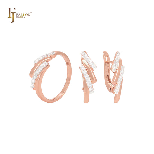 Conjunto de joyas de oro rosa de dos tonos con cuatro filas de circonitas blancas y anillos.