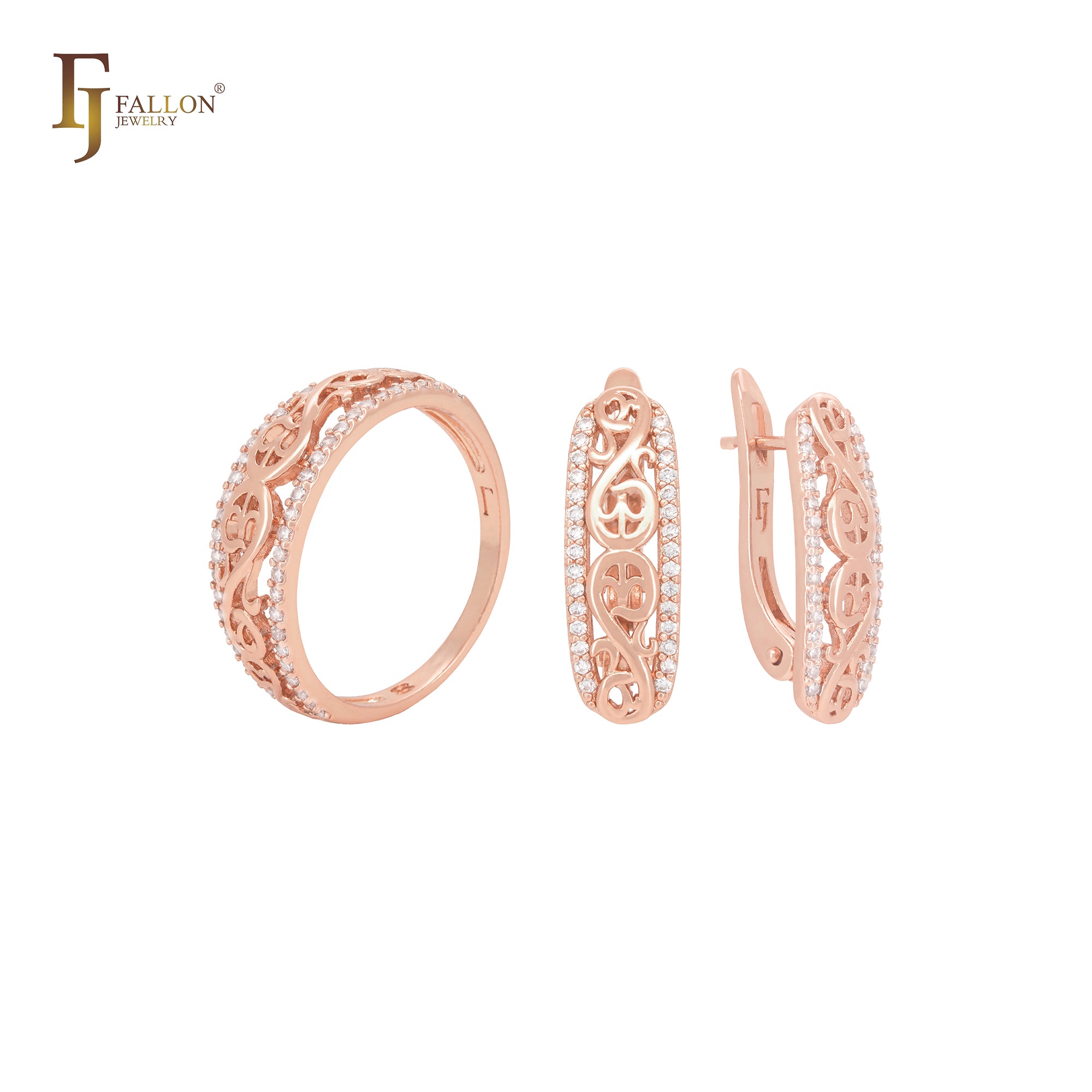 Conjunto de joyas de oro rosa con anillos y diseño de vides y ramas con circonitas blancas