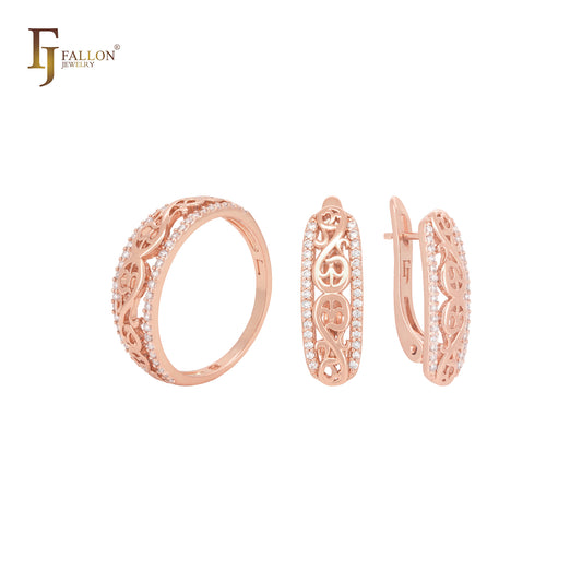 Conjunto de joyas de oro rosa con anillos y diseño de vides y ramas con circonitas blancas