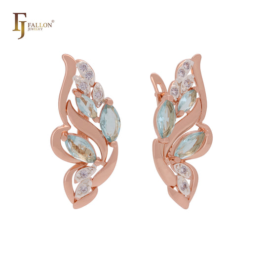 Pendientes de clip de lujo en oro rosa de dos tonos con hojas de flores y circonitas azul lago