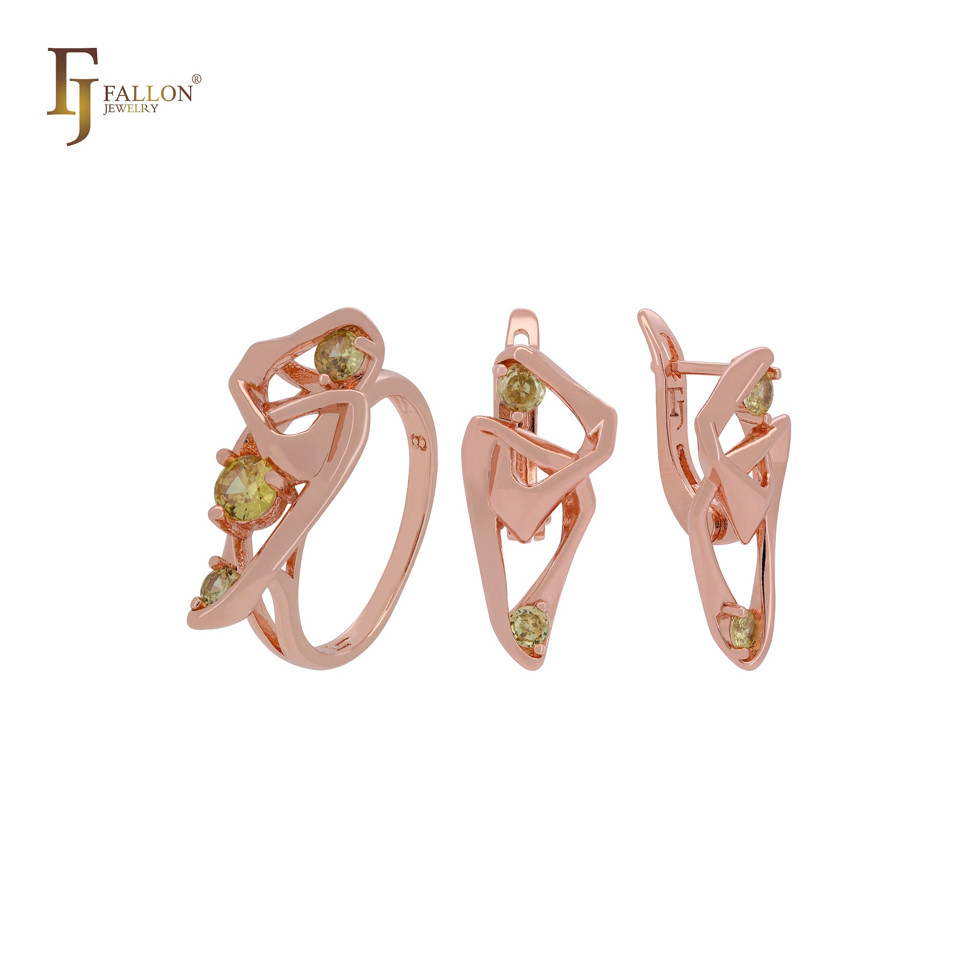 Conjunto de joyas de oro rosa con anillos y circonitas cúbicas de doble cruce geométrico en color verde oliva.