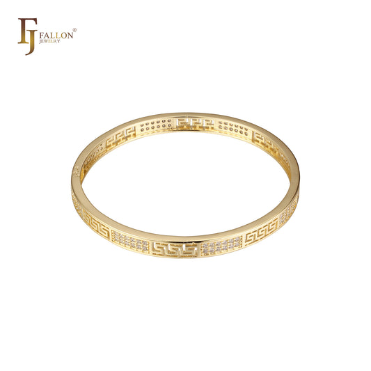 Greek Key meander 14K Gold white Czs Bangle