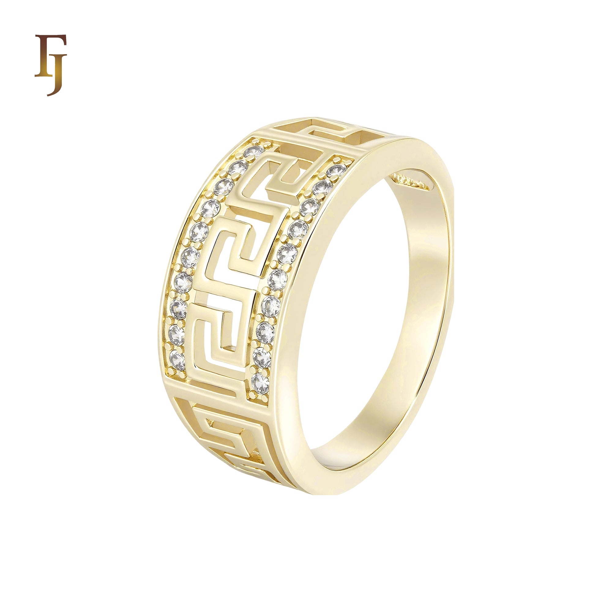 Double Band of white CZs Greek Key 14K Gold Fashion Rings