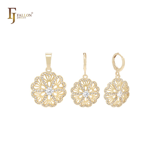 Conjunto de joyas de oro de 14 quilates con circonitas blancas y colgante en forma de racimo de flores