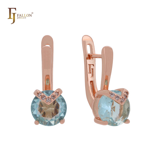 Серьги-клипсы из розового золота с шевронной стрелой из белого фианита, когтями солитера, лаково-голубого цвета
