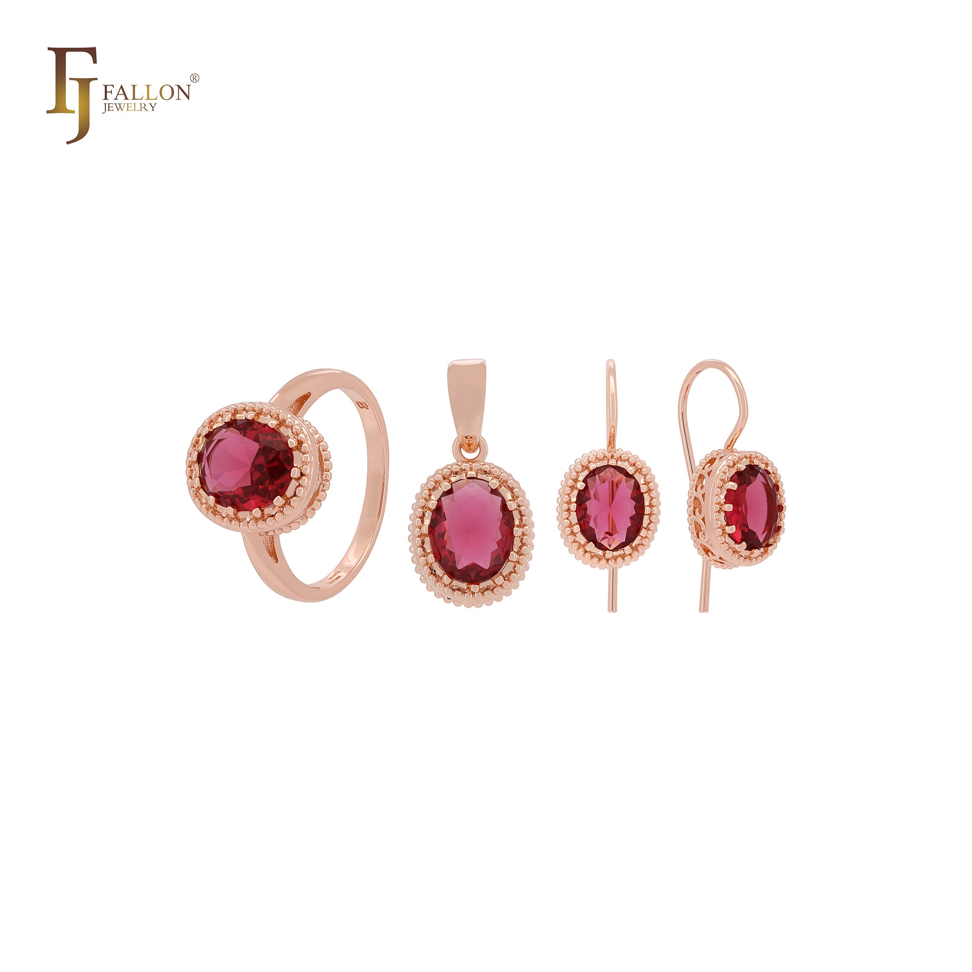 Conjunto de joyas de oro rosa con solitario de circonitas rojas y halo, anillos y colgante.