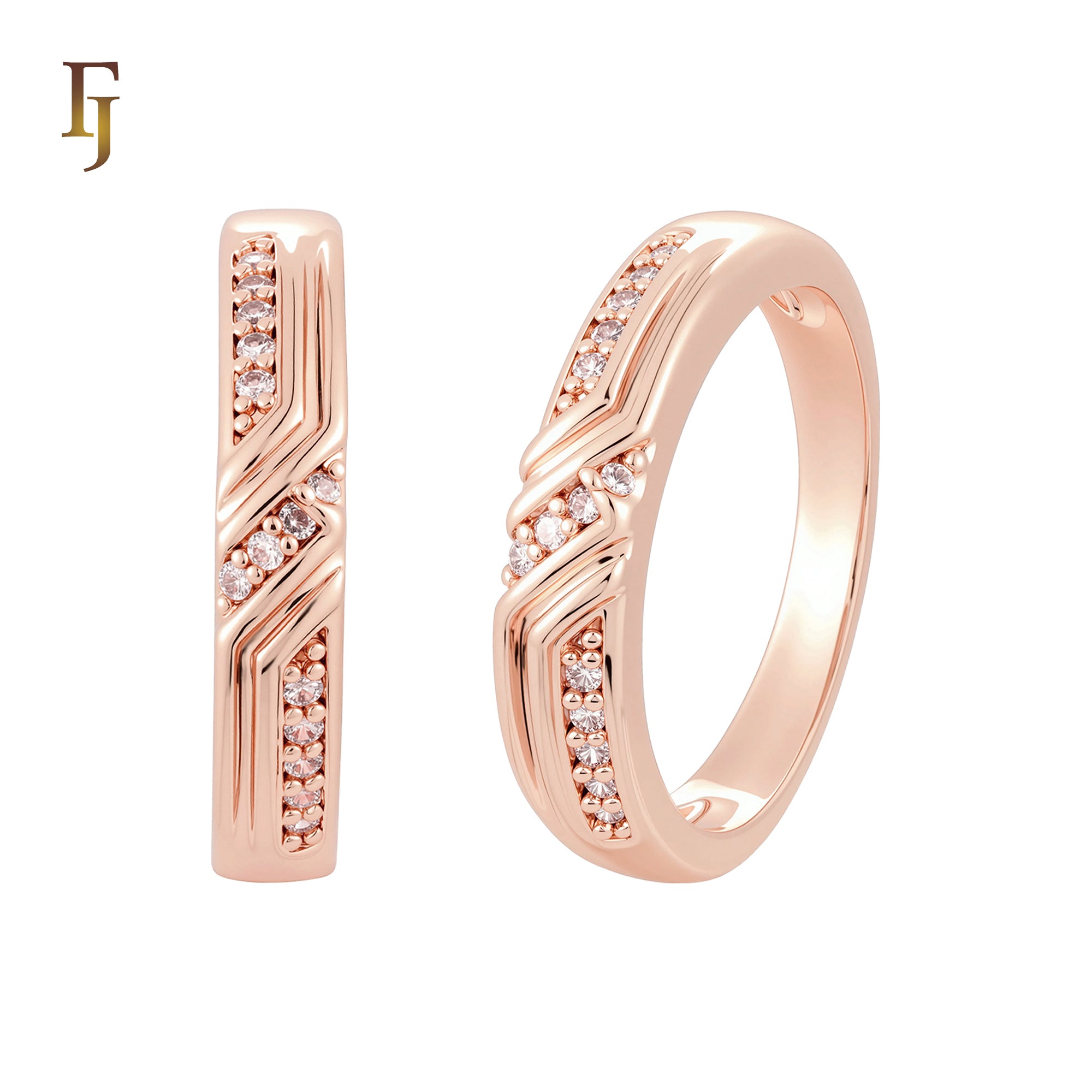 Twisted white CZs paved 14K Gold, Rose Gold Wedding Set Rings Engagement and Band