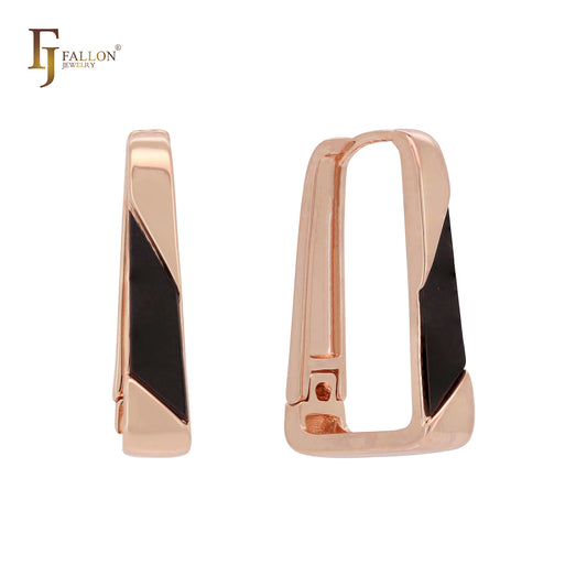 Aros con candado en forma de U pintados de negro en oro de 14 quilates, oro rosa y oro blanco.