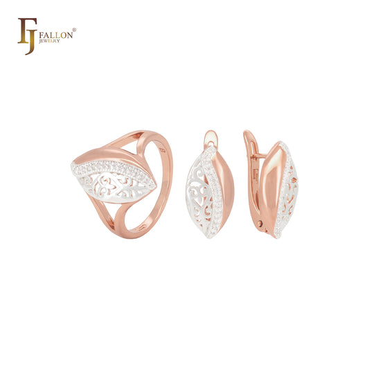 Conjunto de joyas de oro rosa de dos tonos con filigrana de circonitas blancas y hojas ovaladas divididas por la mitad y anillos.