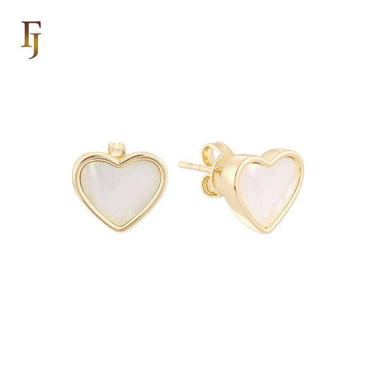 Wide Heart shaped of Black or White Onyx 14K Gold, Rose Gold Stud Earrings