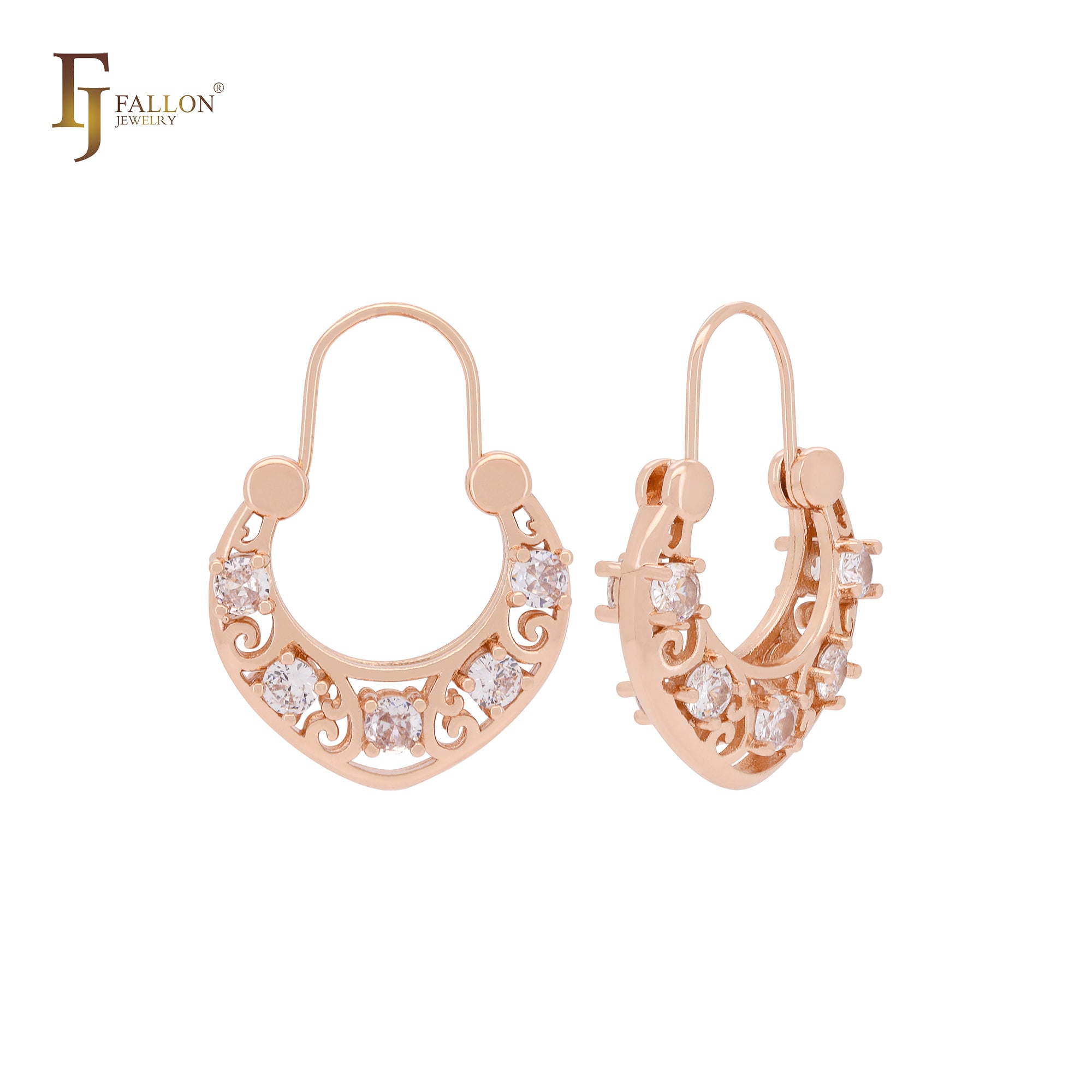 Pendientes de gancho de alambre en oro rosa con circonitas blancas en forma de cesta