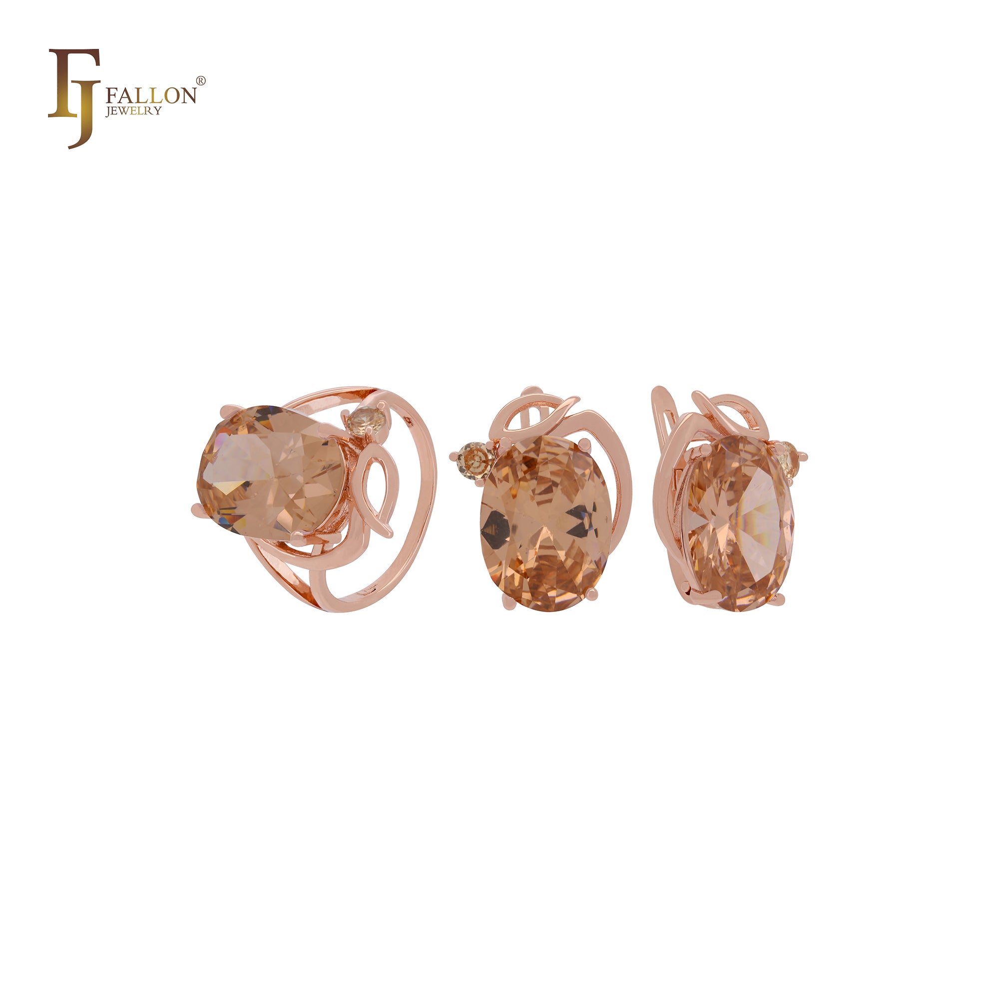 Lujoso conjunto de joyas de oro rosa con anillos, solitario grande ovalado gigante con circonitas blancas, naranjas o azul lago.