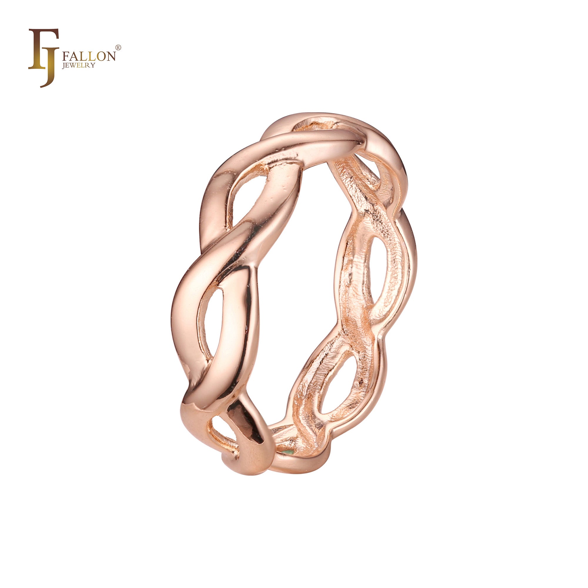 Anillos de boda infinitos retorcidos en oro de 14 quilates, colores de baño de oro rosa.