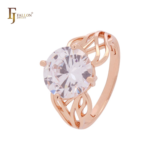 Anillo de moda de oro rosa con circonitas blancas redondeadas y un gran solitario de mil filas de ramas.