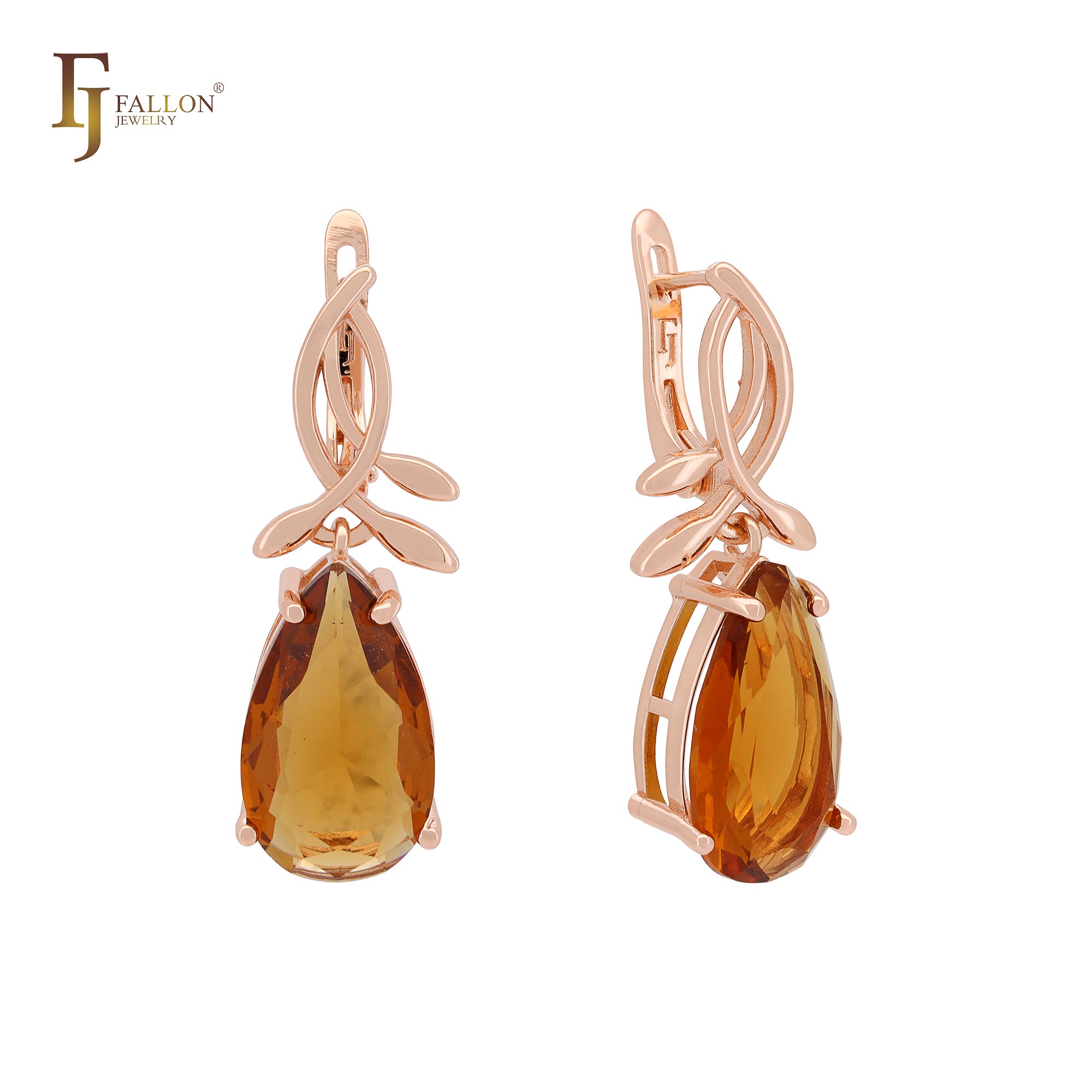 Pendientes de clip en oro rosa con circonitas cúbicas de colores y solitario en forma de pera