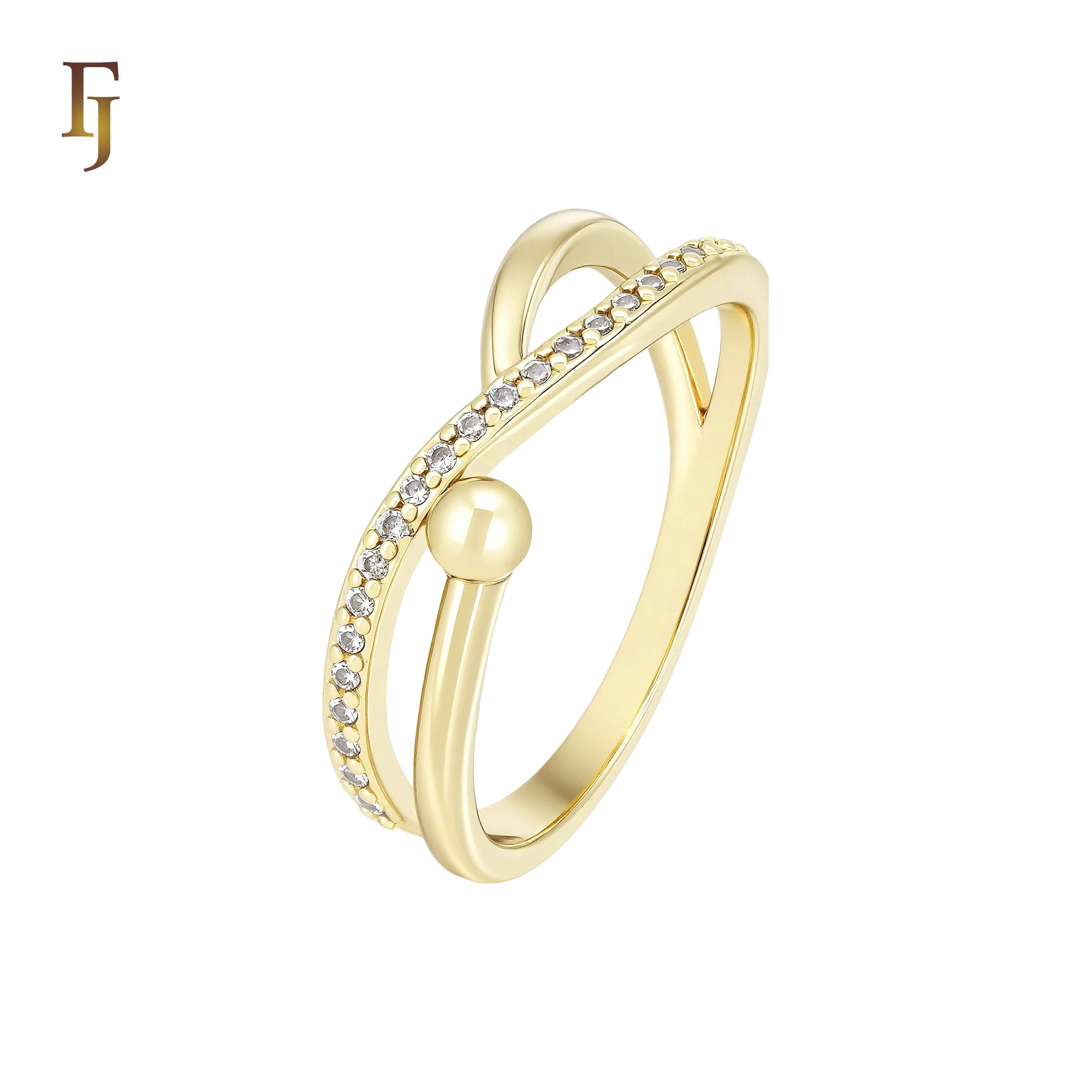 Bead and band paved white CZs 14K Gold Fashion Rings