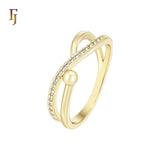 Bead and band paved white CZs 14K Gold Fashion Rings