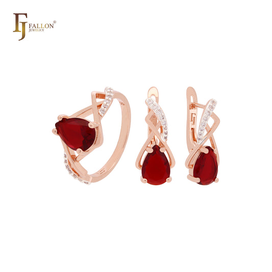 Conjunto de joyas de oro rosa de dos tonos con circonitas cúbicas escarlatas en forma de pera con garras cruzadas y anillos