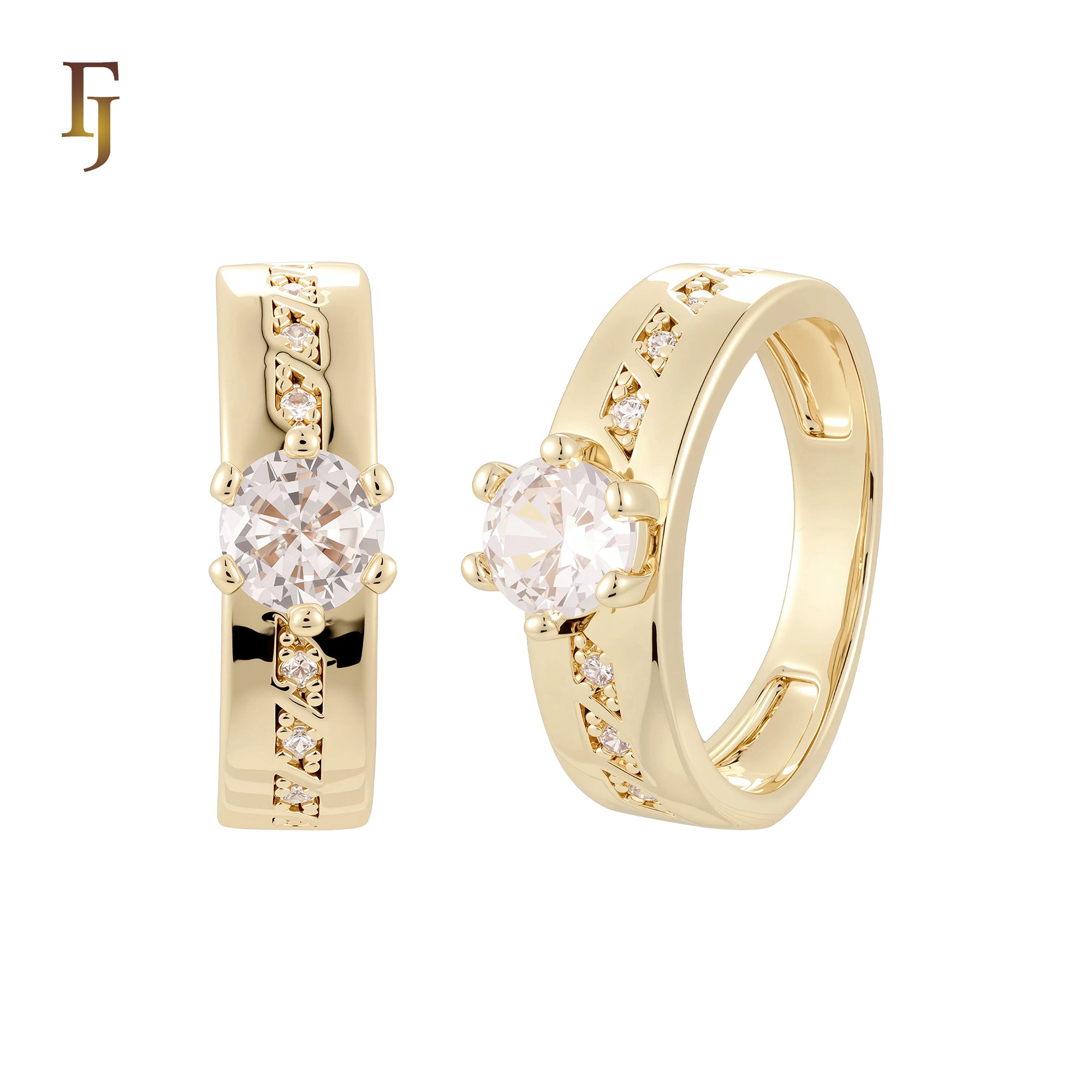 Center partial squared white CZs 14K Gold, Rose Gold Wedding Set Rings Engagement and Band