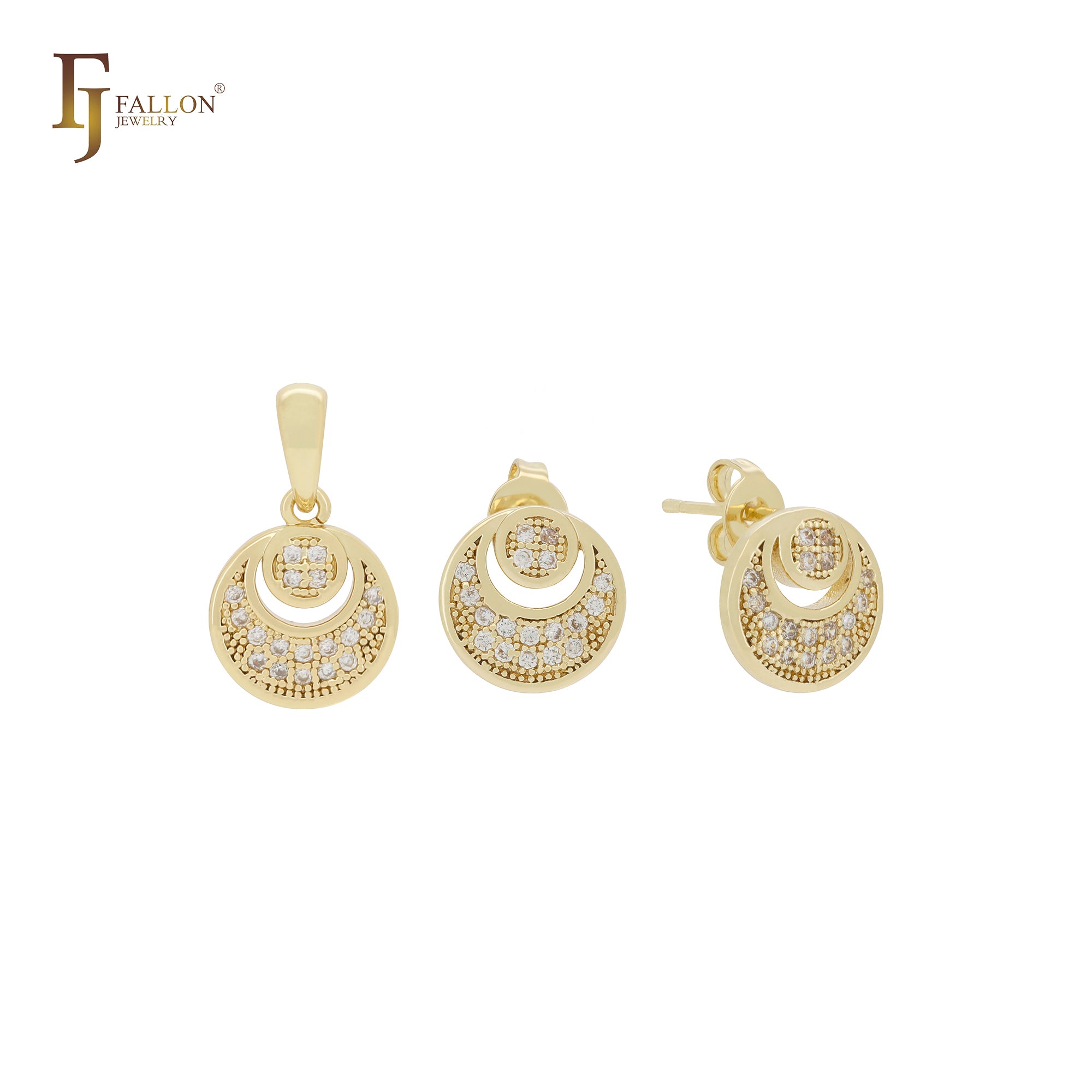 Pequeño conjunto de joyas de oro de 14 quilates con colgante y pendientes de botón en forma de luna redondeada con circonitas blancas.