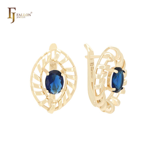 Pendientes de clip con solitario giratorio de talla marquesa y circonita azul ovalada en oro de 14 quilates
