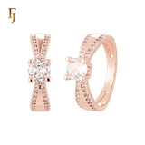 Double Cross Paved white CZs 14K Gold, Rose Gold Wedding Set Rings