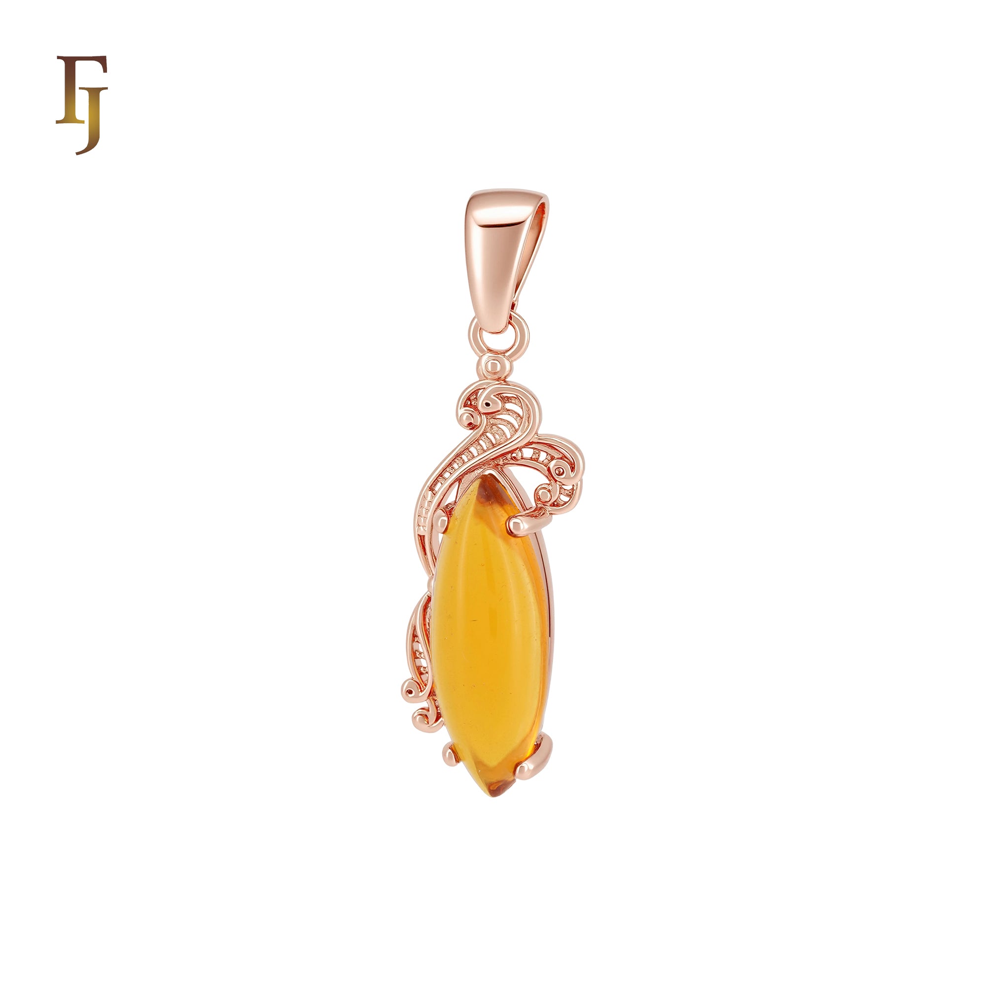 Wavy cloud solitaire long Marquise Solitaire amber orange Rose Gold Pendant