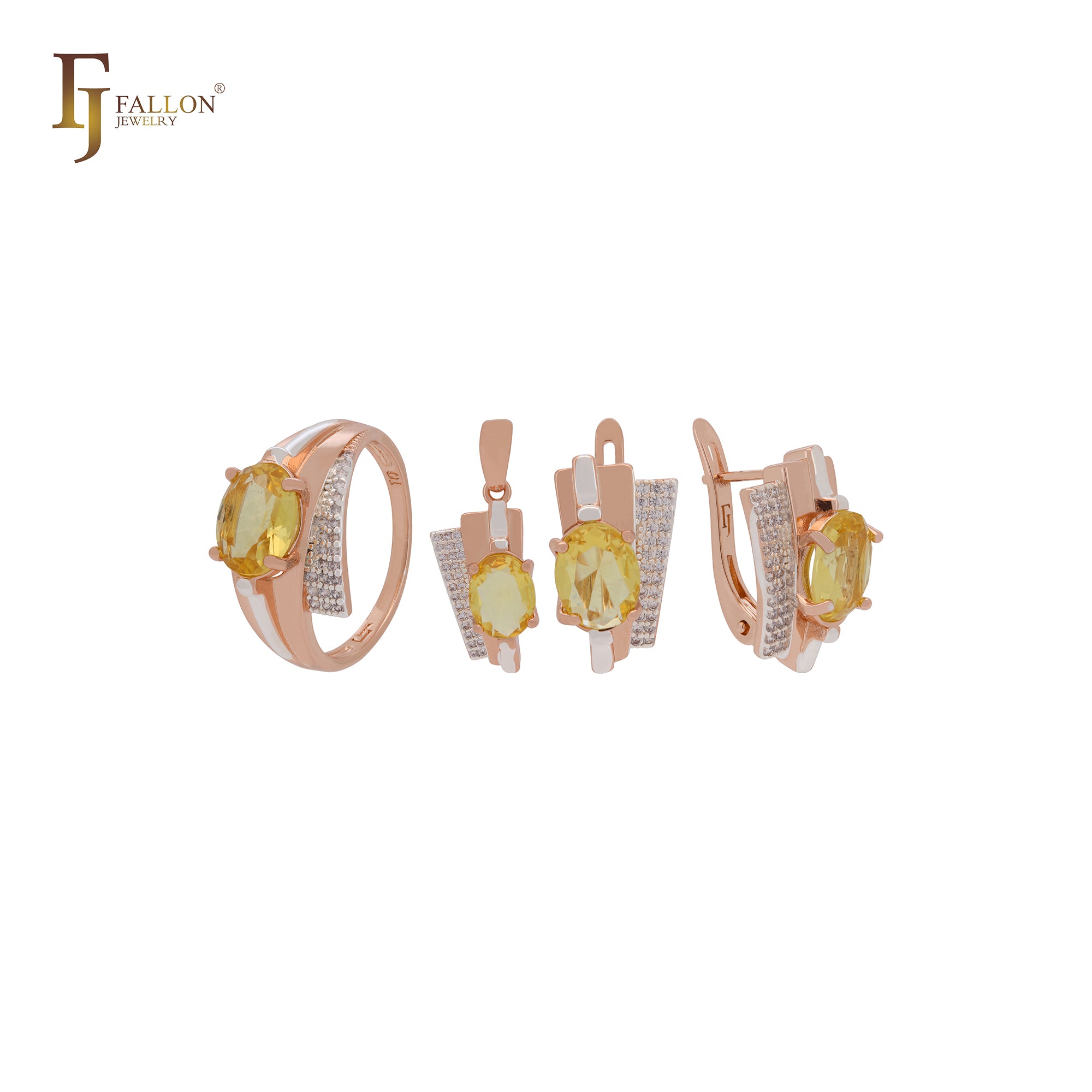 Conjunto de joyas en oro rosa de dos tonos con anillos y colgante, solitario ovalado, circonita naranja grande y circonitas blancas.