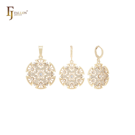 Conjunto de joyas de oro de 14 quilates con filigrana hexagonal de circonitas blancas y copos de nieve redondeados con colgante