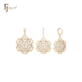 Conjunto de joyas de oro de 14 quilates con filigrana hexagonal de circonitas blancas y copos de nieve redondeados con colgante