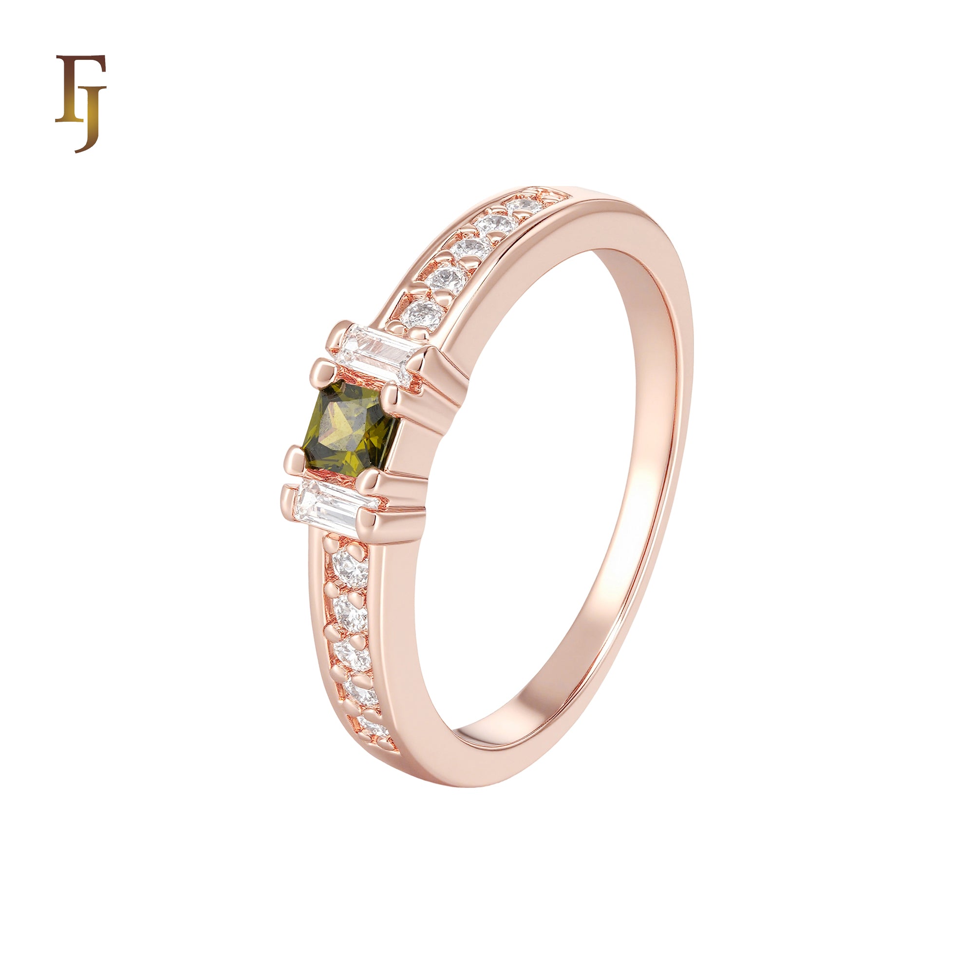 Elegant Asscher cut Olive Green CZ Paved white CZs Rose Gold Fashion Rings
