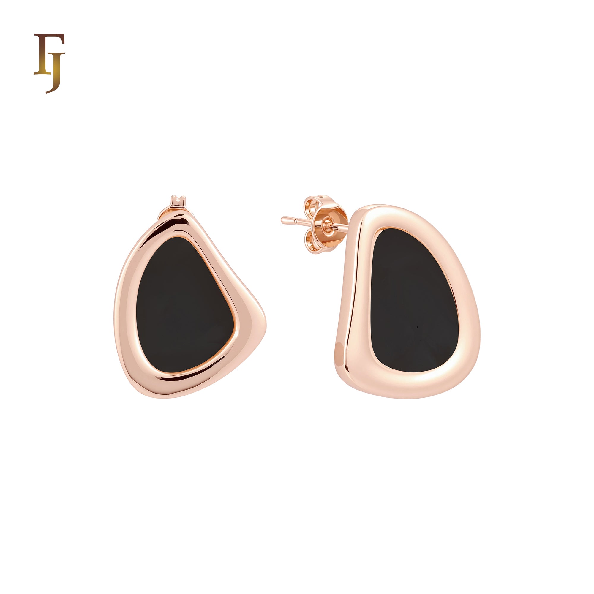 Irregular rounded shaped of Black or White Onyx 14K Gold, Rose Gold Stud Earrings