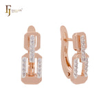 Pendientes de clip bicolor en oro rosa con doble hebilla y circonitas blancas