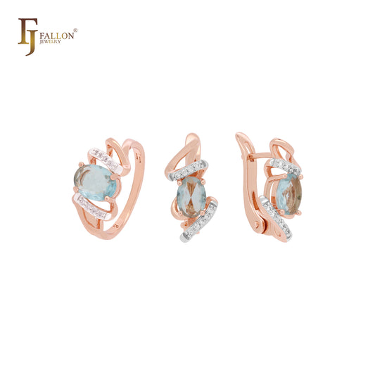 Conjunto de joyas en dos tonos de oro rosa con circonitas cúbicas azules y solitario con anillos