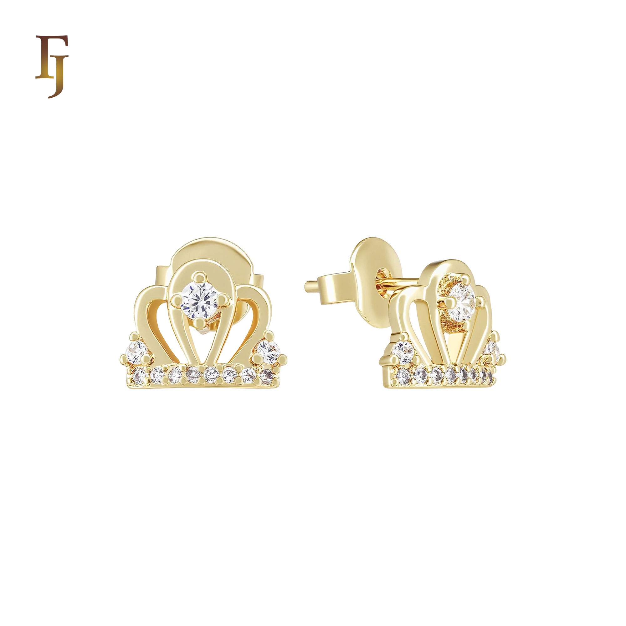 White CZs Crown cluster 14K Gold Stud Earrings