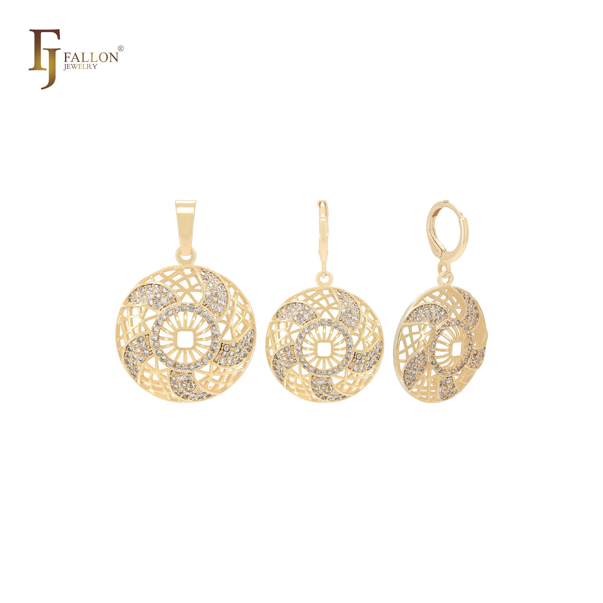Conjunto de joyas de oro de 14 quilates con colgante y filigrana de abanico ventoso con círculo redondeado