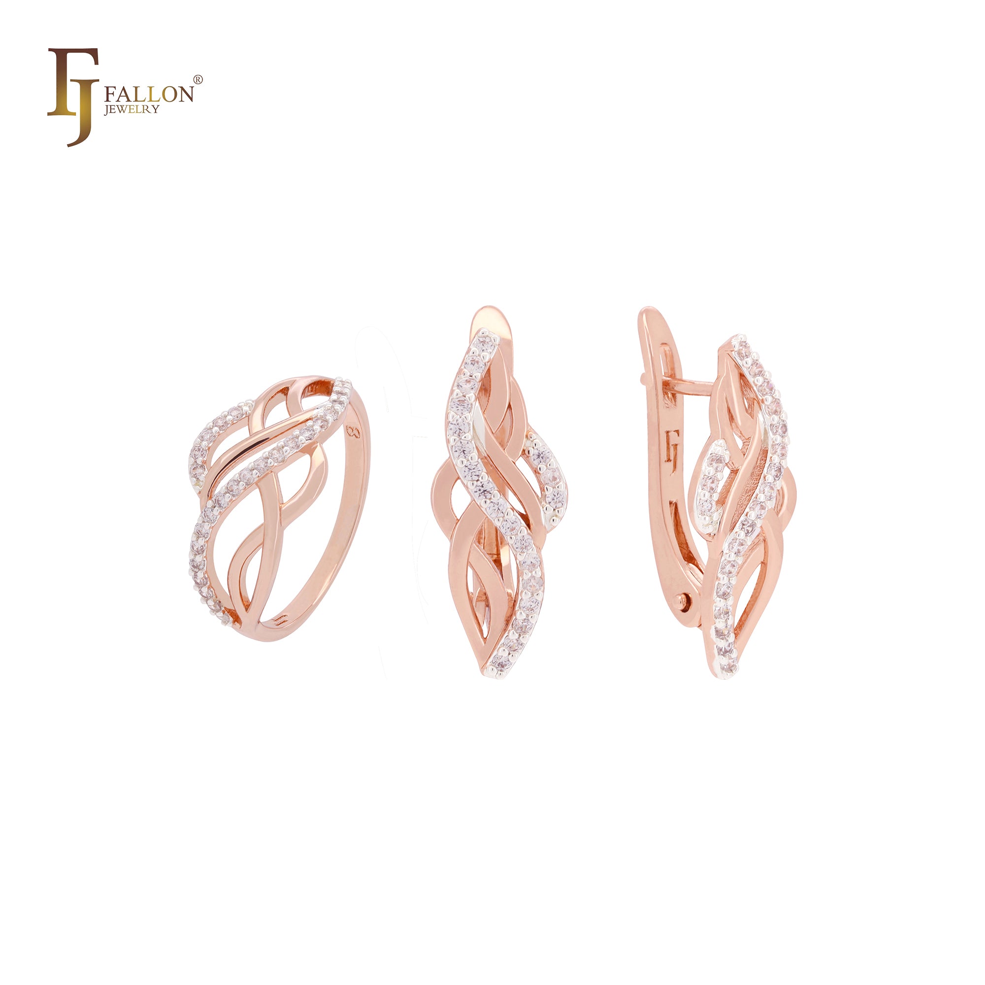 Conjunto de joyas de oro rosa de dos tonos con mil bandas de circonitas blancas pavimentadas y anillos