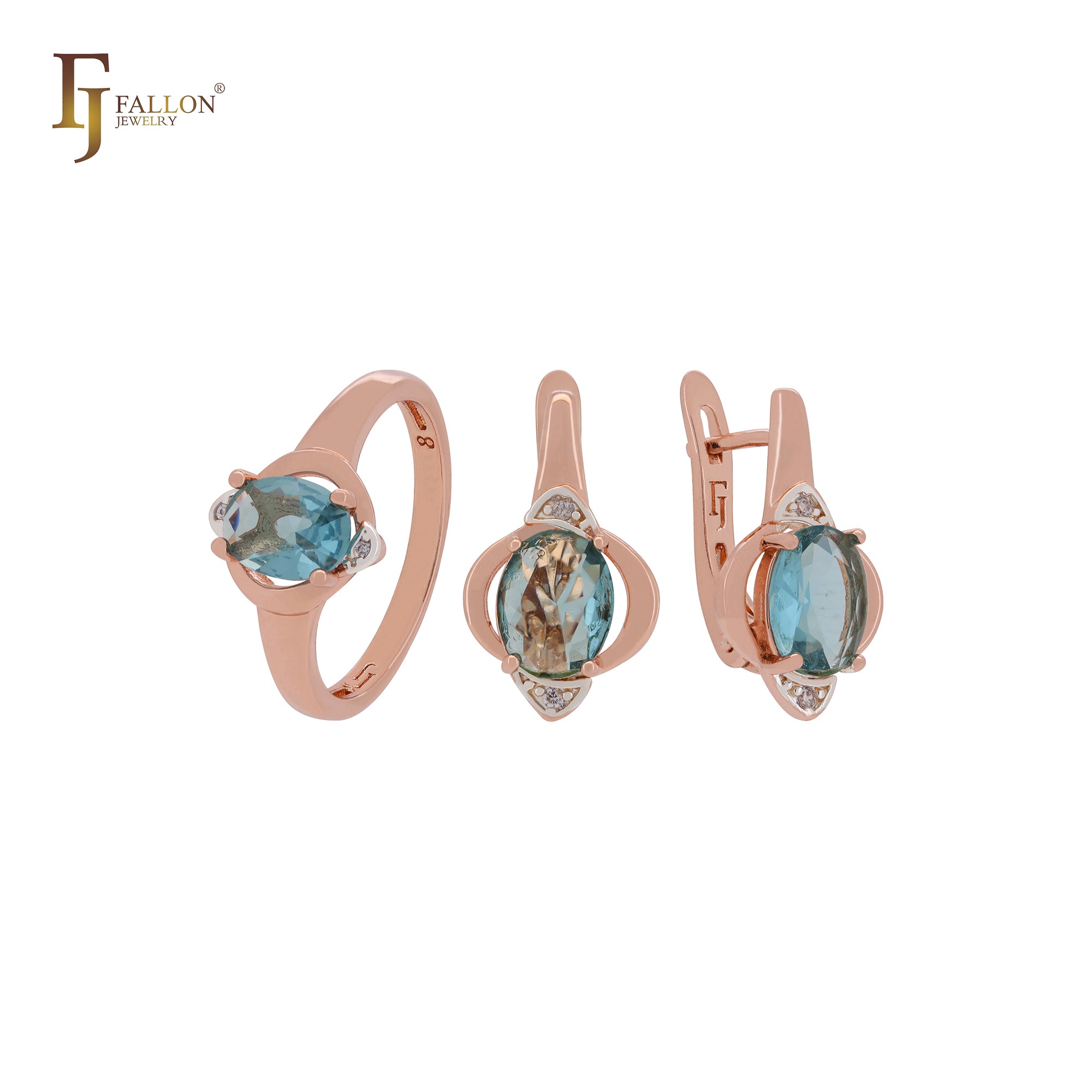 Conjunto de joyas de oro rosa de dos tonos con circonita cúbica azul lago y solitario ovalado con garras y anillos