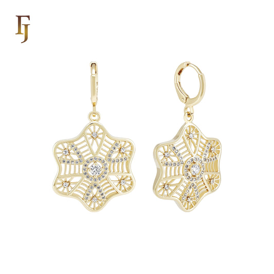 Drop Radiant Snowflake white CZs 14K Gold Huggie Earrings