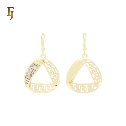 Twisted Ribbon of white CZs and Greek Key 14K Gold Huggie Drop Earrings