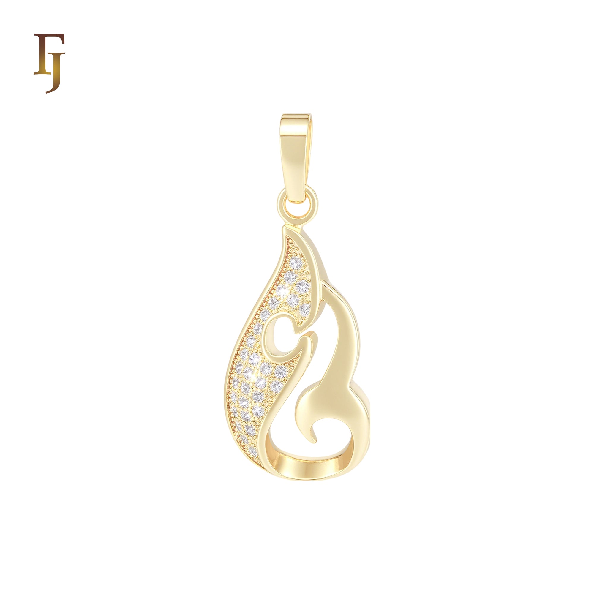 Flame of fire dancing white CZs 14K Gold Pendant