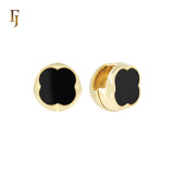Spheric wide Black or white Onyx clover 14K Gold, Rose Gold Huggie Earrings